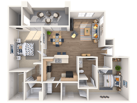 A 3D floor plan of a small apartment with a kitchen, living room, and bedrooms.